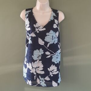 Navy Floral Pattern Semi Sheer Sleeveless Fashion Top Sz L Ricki's